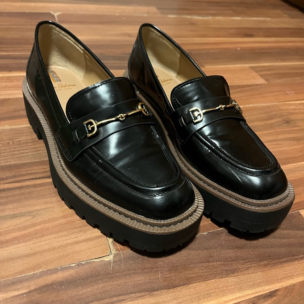 Sam Edelman Black Patent Loafers with Gold Accent